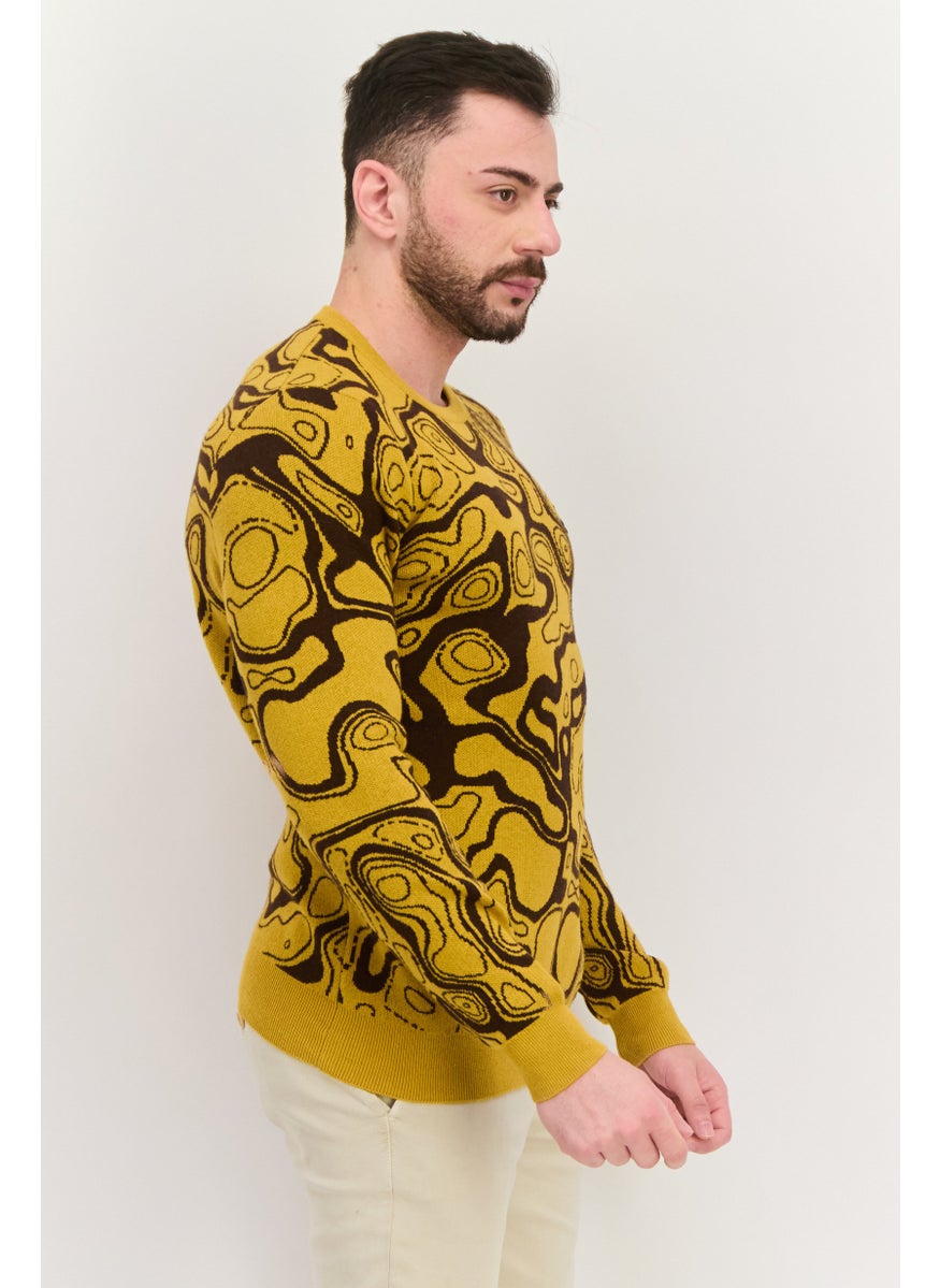 Men Crew Neck Abstract Knitted Sweater, Yellow