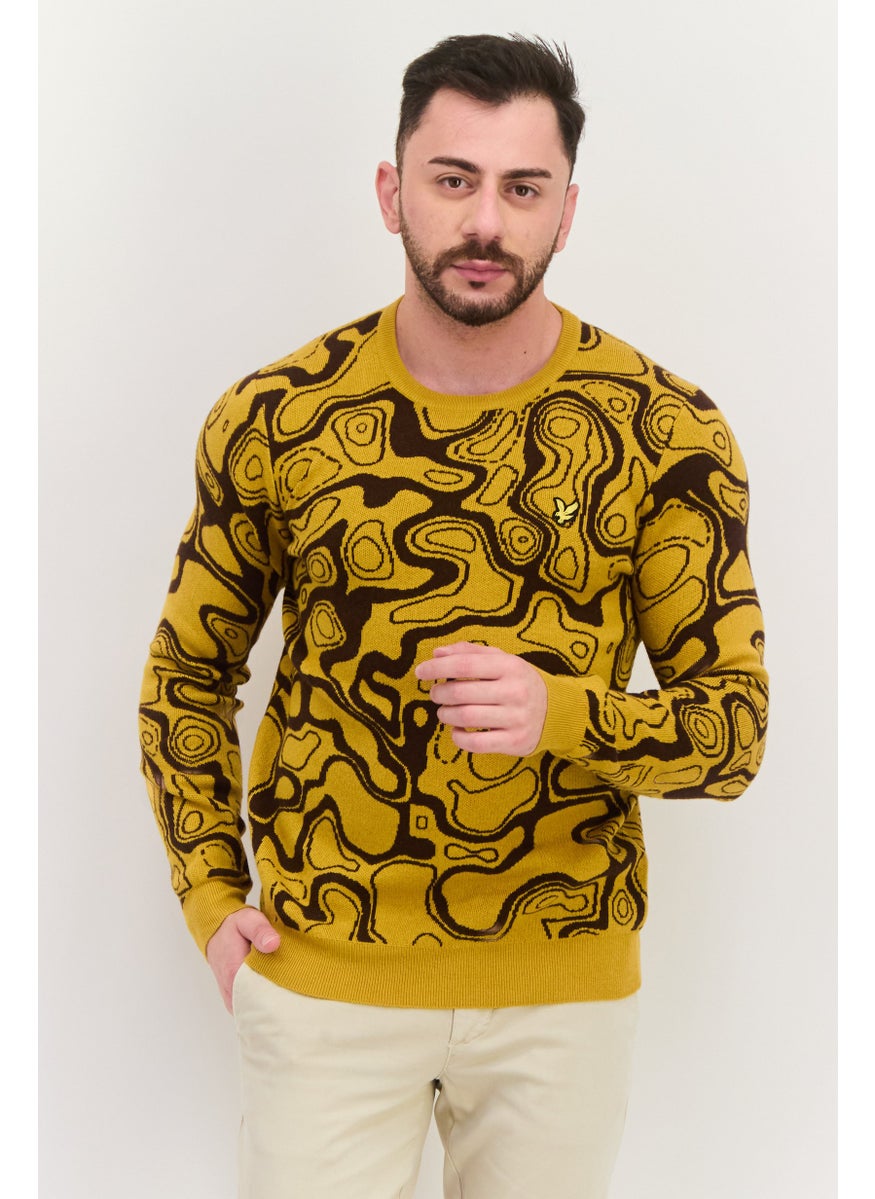 Men Crew Neck Abstract Knitted Sweater, Yellow