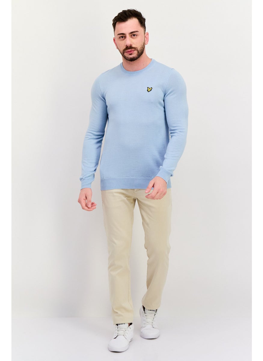 Men Crew Neck Embroidered Logo Sweater, Blue