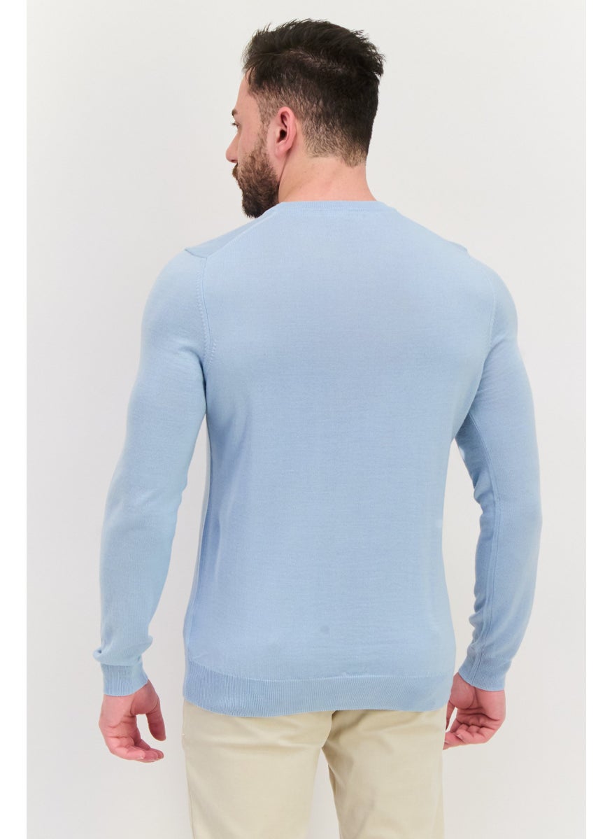 Men Crew Neck Embroidered Logo Sweater, Blue