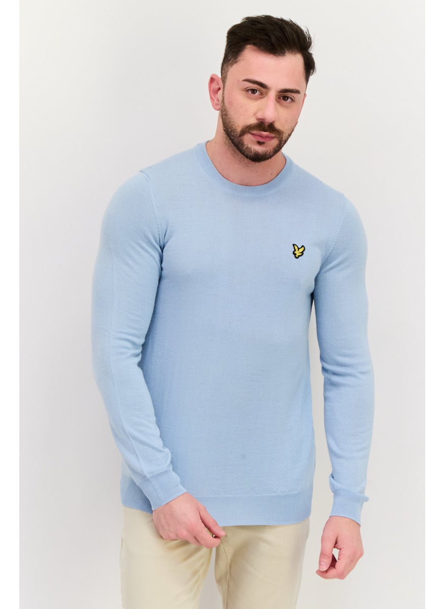 Men Crew Neck Embroidered Logo Sweater, Blue