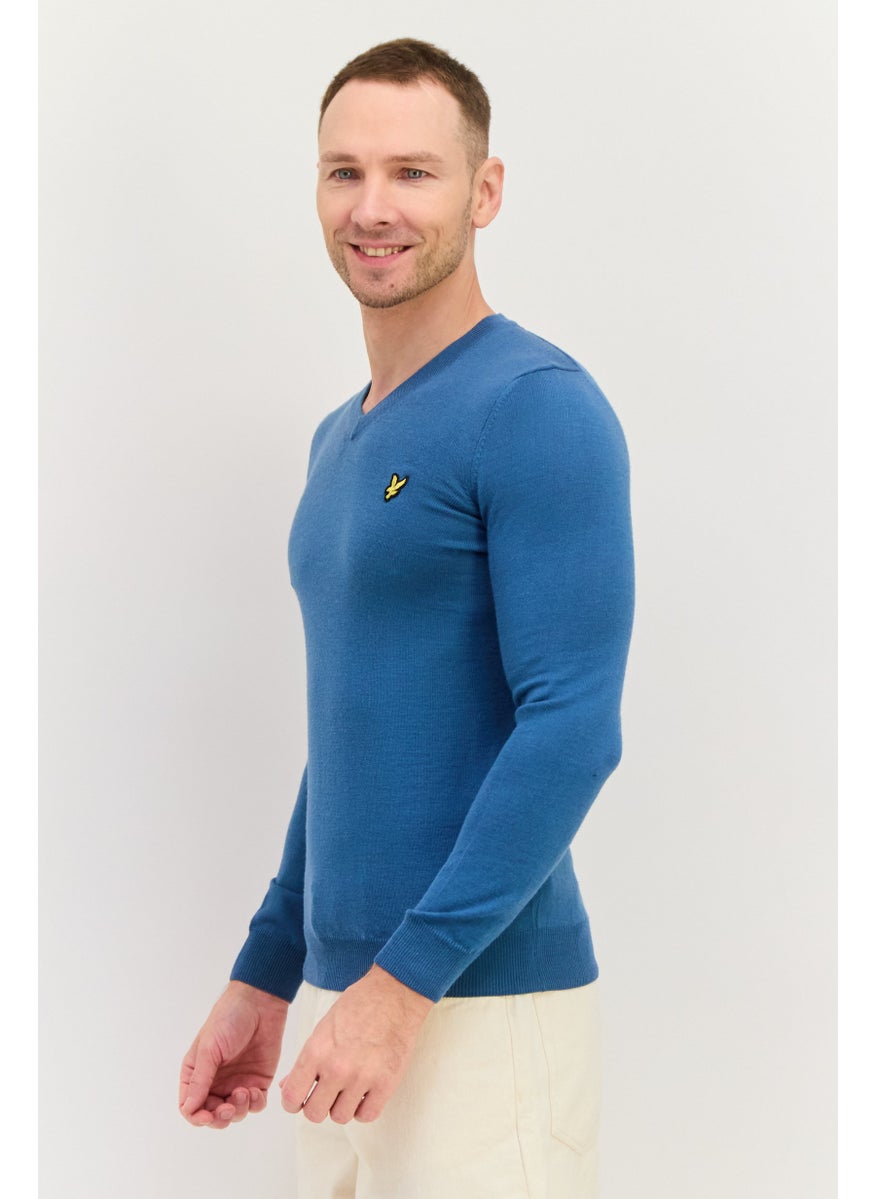 Men V Neck Embroidered Logo Long Sleeve Sweater, Slate Blue
