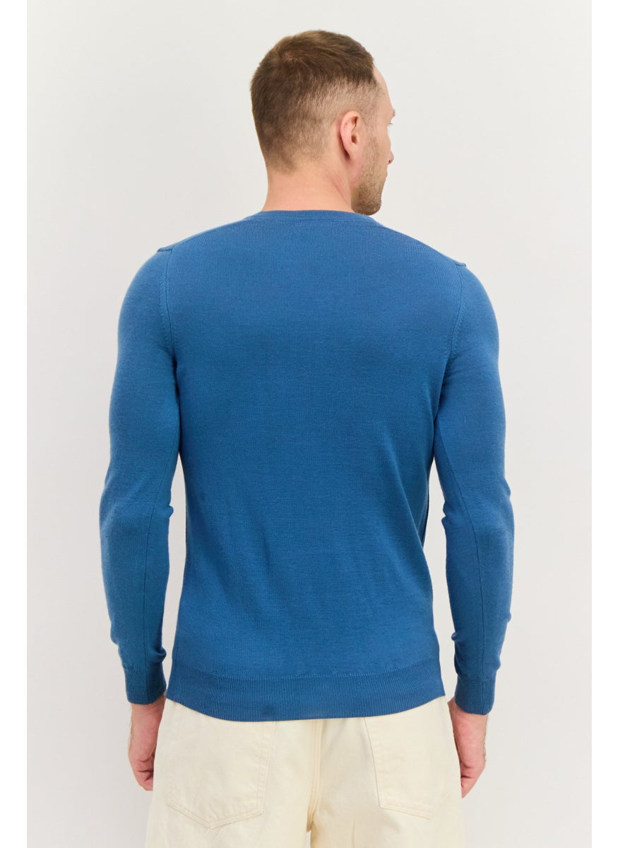 Men V Neck Embroidered Logo Long Sleeve Sweater, Slate Blue