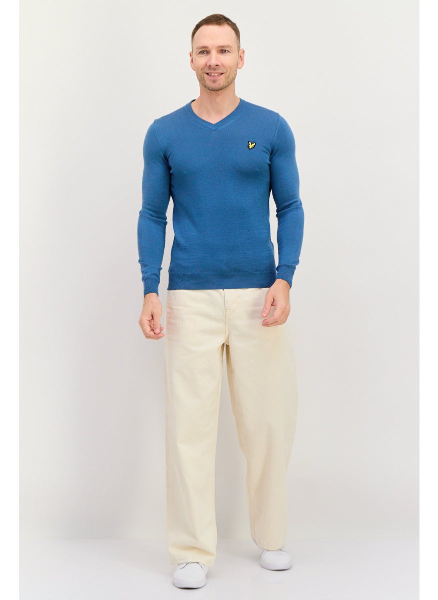 Men V Neck Embroidered Logo Long Sleeve Sweater, Slate Blue