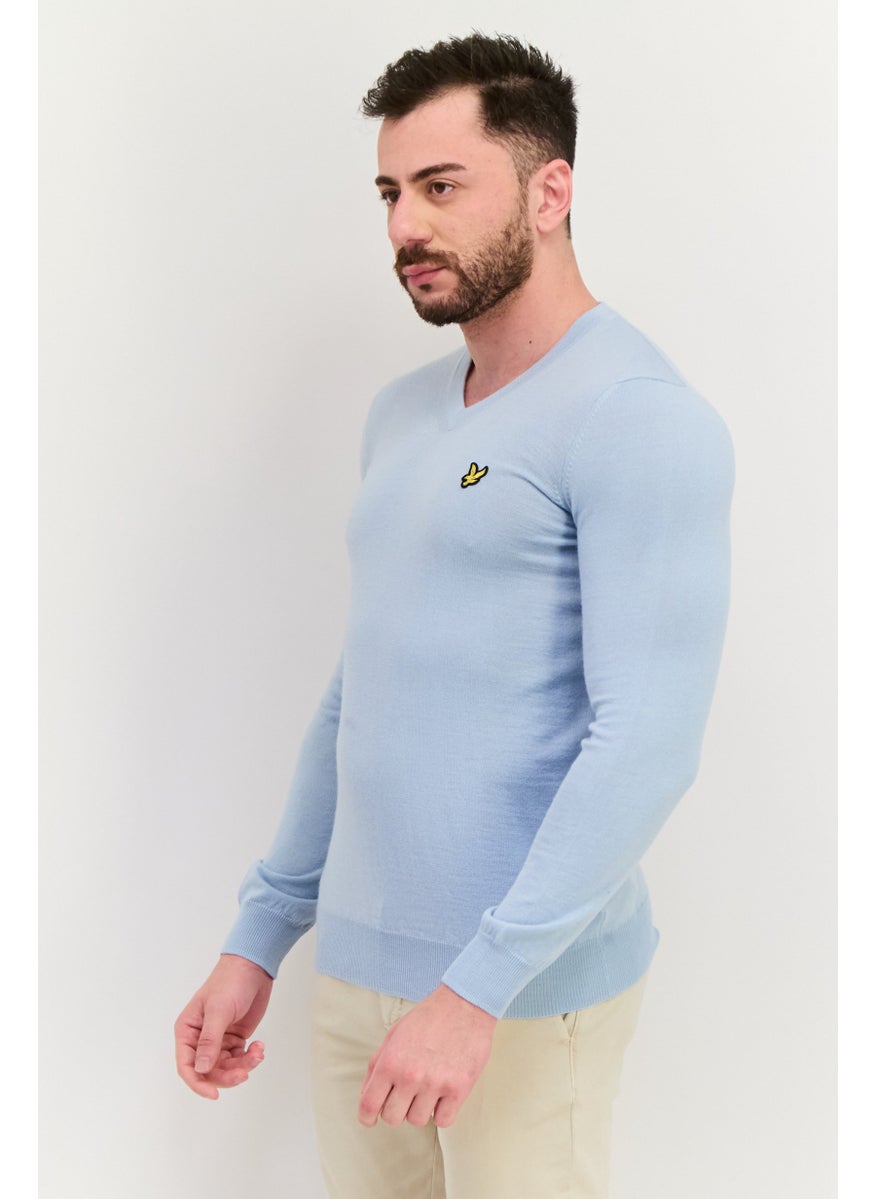 Men V Neck Embroidered Logo Long Sleeve Sweater, Sage Blue