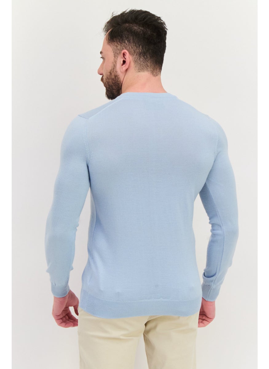 Men V Neck Embroidered Logo Long Sleeve Sweater, Sage Blue