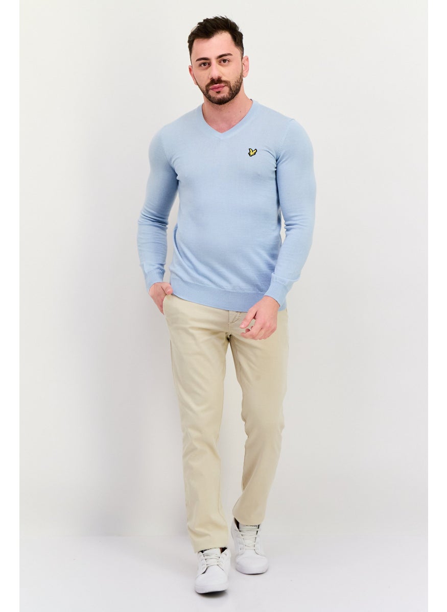 Men V Neck Embroidered Logo Long Sleeve Sweater, Sage Blue