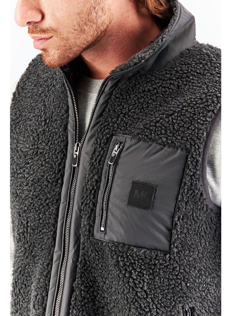 Men Textured Full Zip Vest, Charcoal