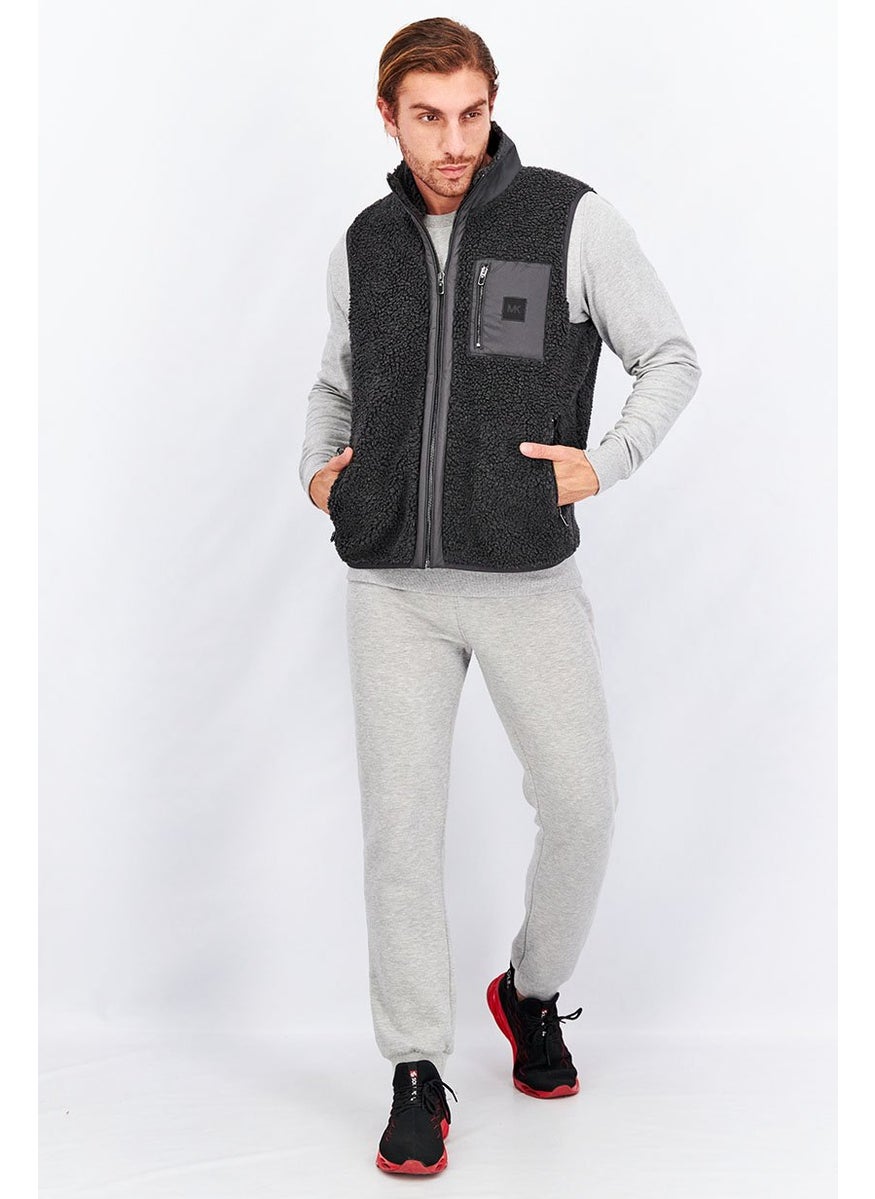 Men Textured Full Zip Vest, Charcoal