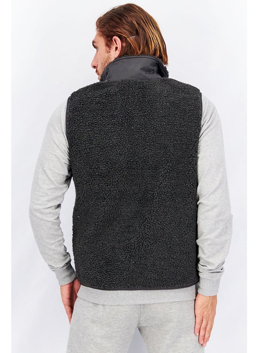 Men Textured Full Zip Vest, Charcoal