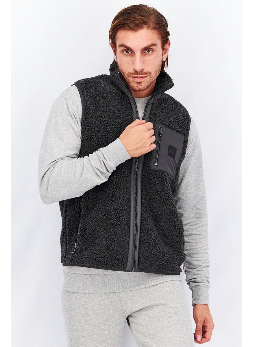 Men Textured Full Zip Vest, Charcoal