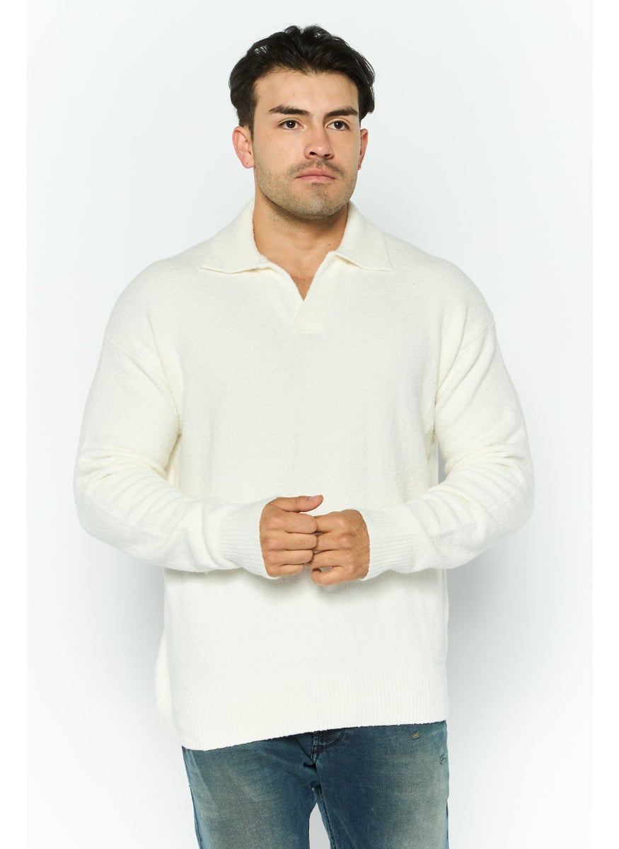 Men Spread Collar Textured Polo Sweater, Off White