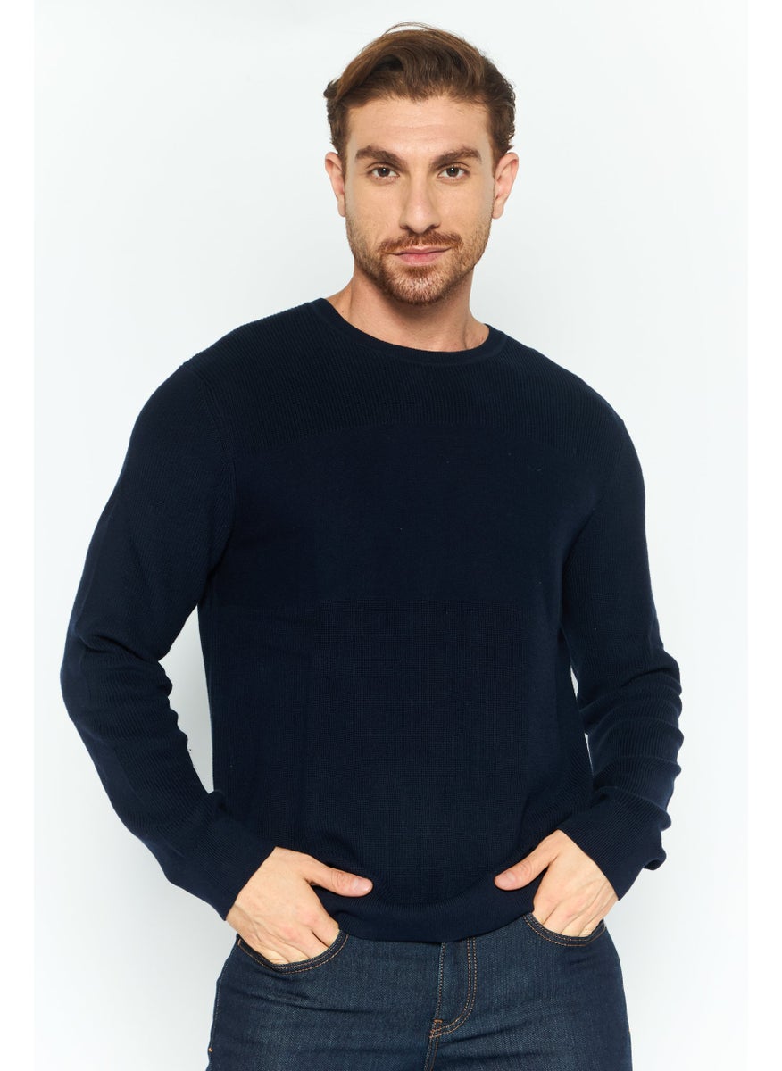 Men Crew Neck Embroidered Logo Sweater, Navy
