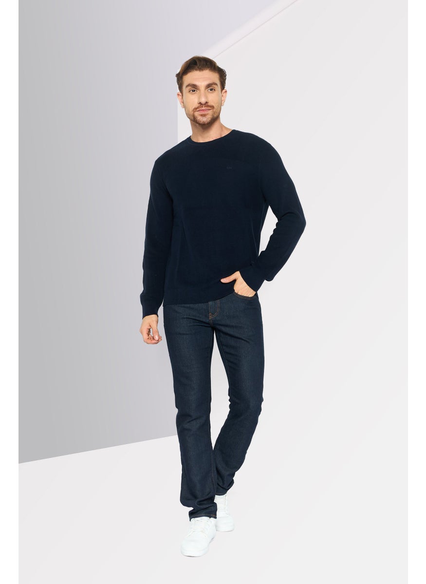 Men Crew Neck Embroidered Logo Sweater, Navy