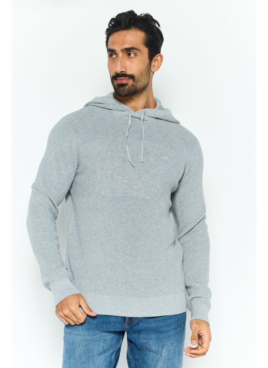 Men Hooded Embroidered Logo Sweater, Grey
