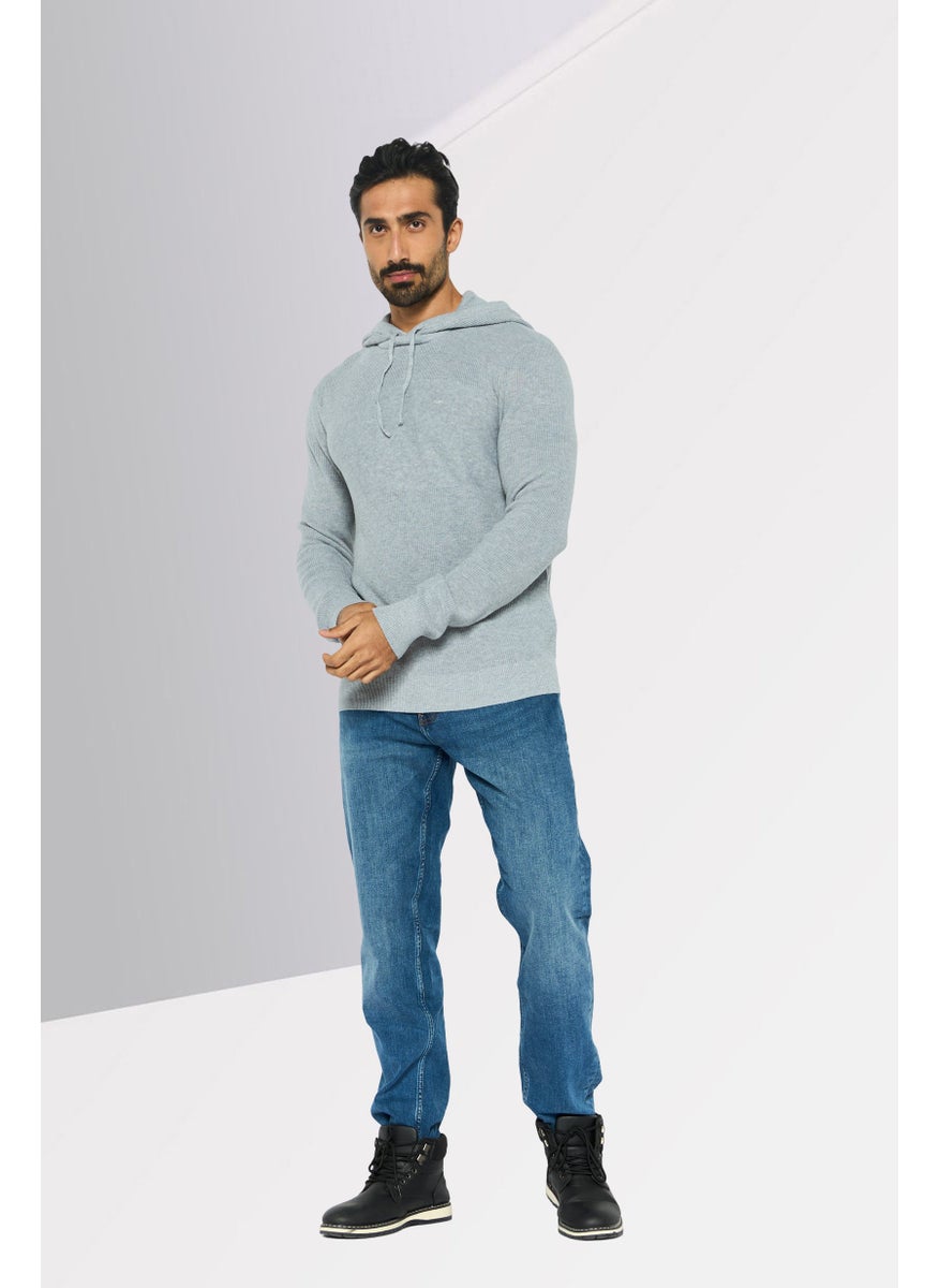 Men Hooded Embroidered Logo Sweater, Grey