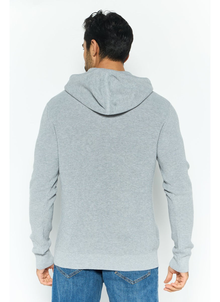 Men Hooded Embroidered Logo Sweater, Grey