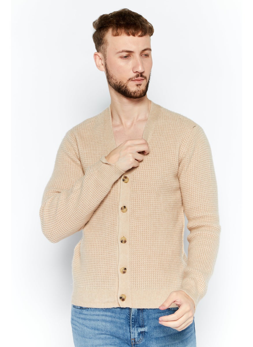 Men V-Neck Crochet Cardigan, Beige