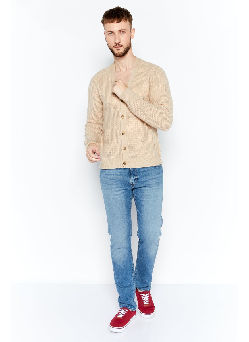 Men V-Neck Crochet Cardigan, Beige