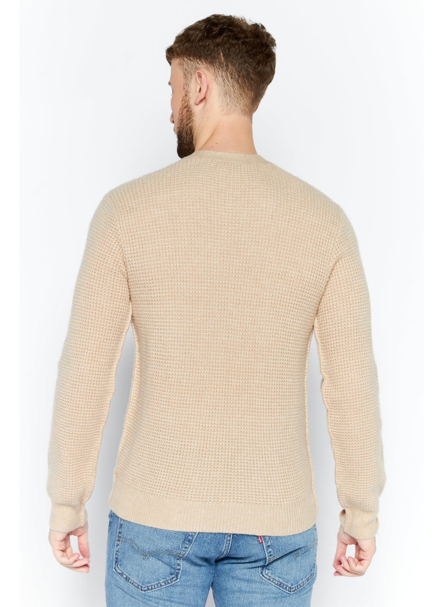 Men V-Neck Crochet Cardigan, Beige