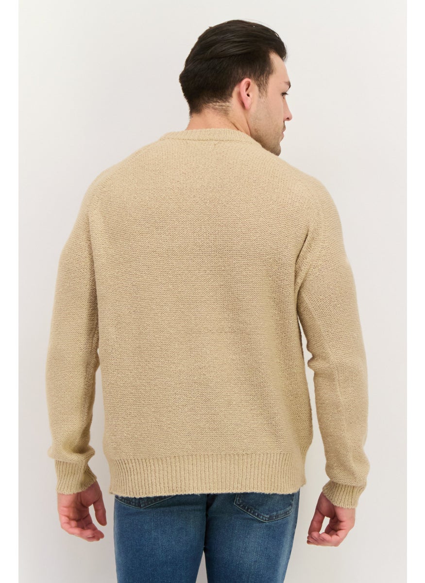 Men Crew Neck Long Sleeve Knitted Sweater, Beige