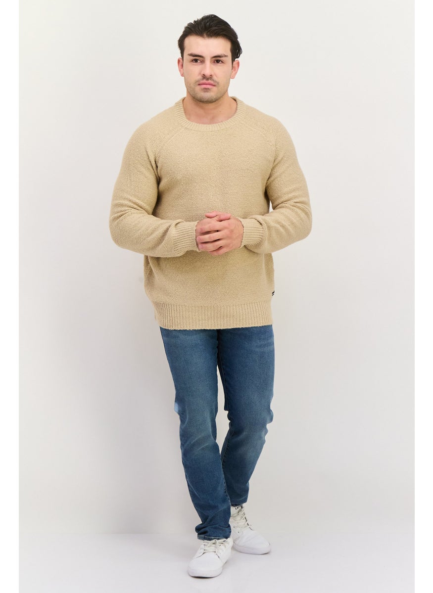 Men Crew Neck Long Sleeve Knitted Sweater, Beige