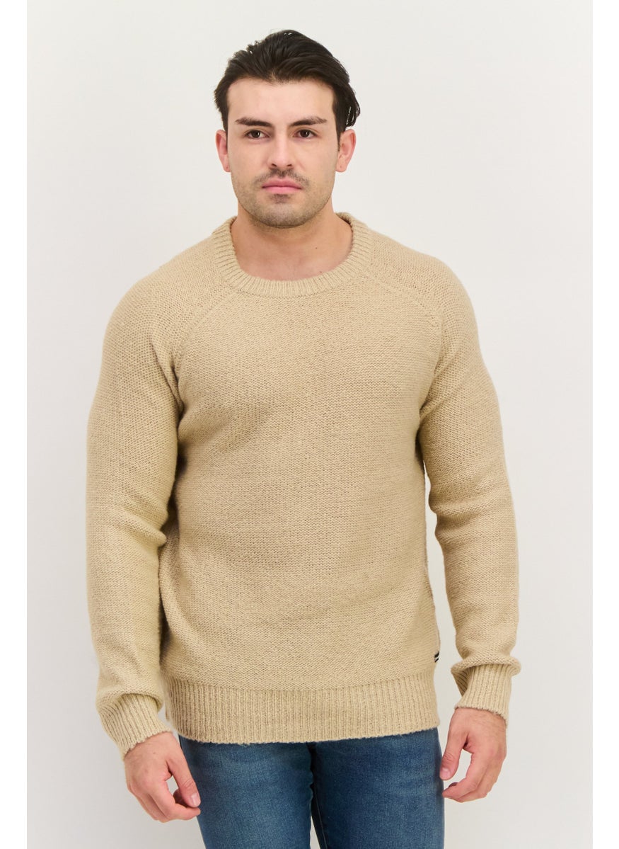 Men Crew Neck Long Sleeve Knitted Sweater, Beige