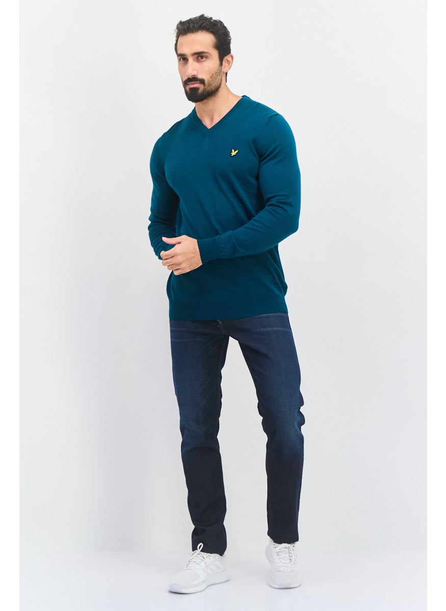 Men V Neck Embroidered Logo Long Sleeve Sweater, Teal