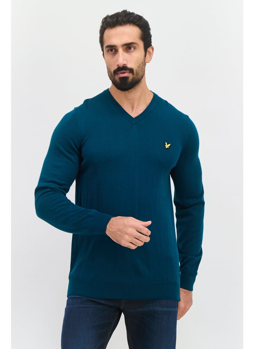 Men V Neck Embroidered Logo Long Sleeve Sweater, Teal
