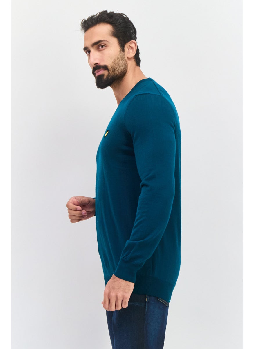 Men V Neck Embroidered Logo Long Sleeve Sweater, Teal