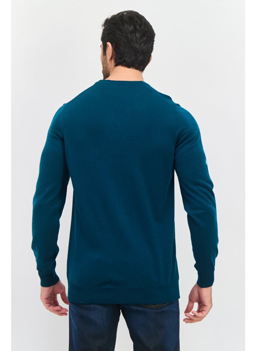 Men V Neck Embroidered Logo Long Sleeve Sweater, Teal