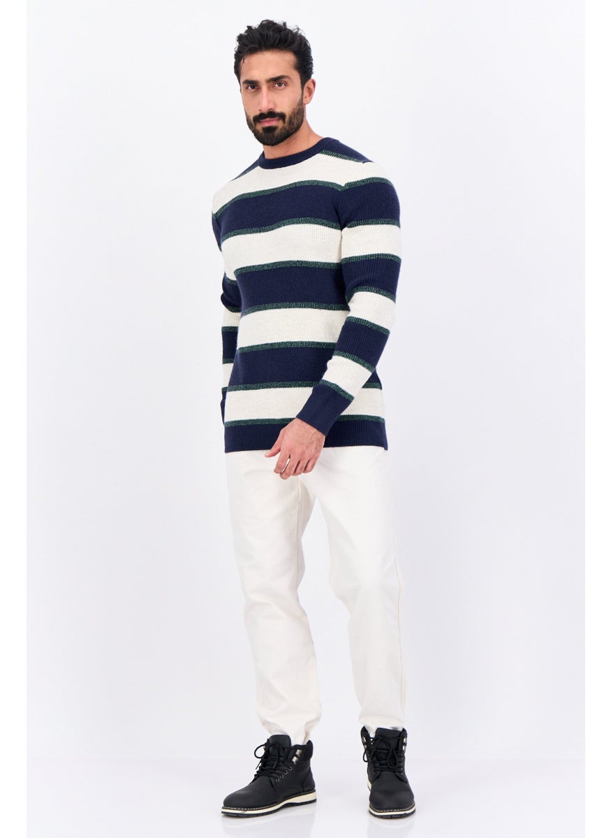 Men Ribbed Neck Stripe Knitted Sweater, Navy