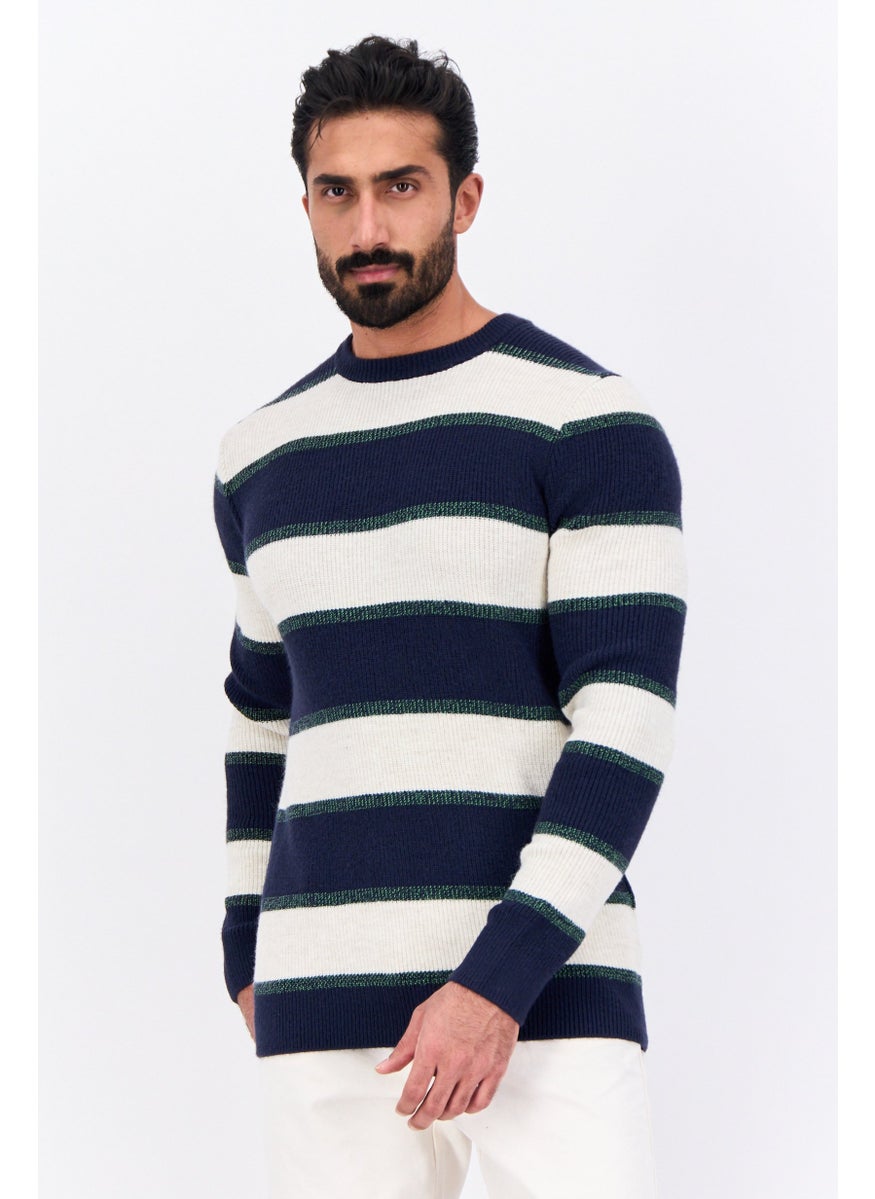 Men Ribbed Neck Stripe Knitted Sweater, Navy
