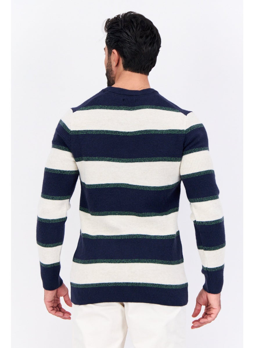 Men Ribbed Neck Stripe Knitted Sweater, Navy