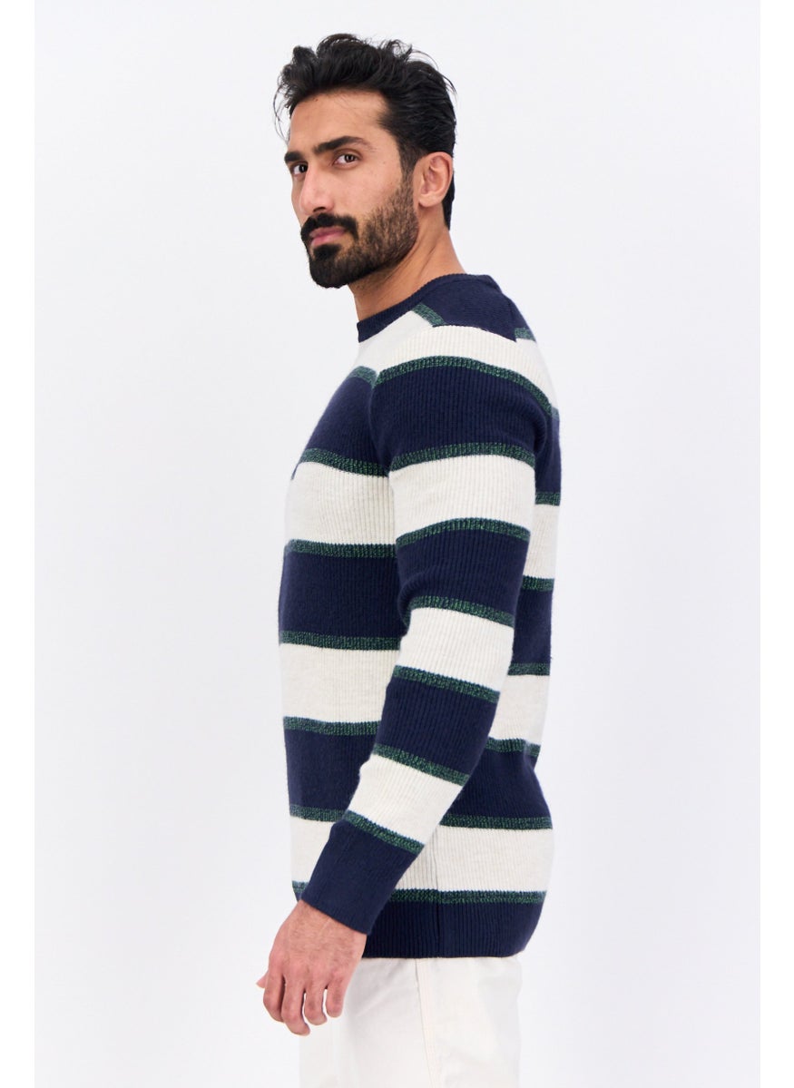 Men Ribbed Neck Stripe Knitted Sweater, Navy