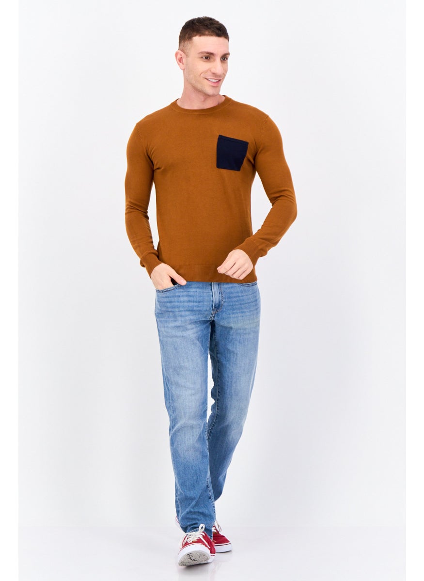 Men Crew Neck Long Sleeves Knitted Sweater, Brown