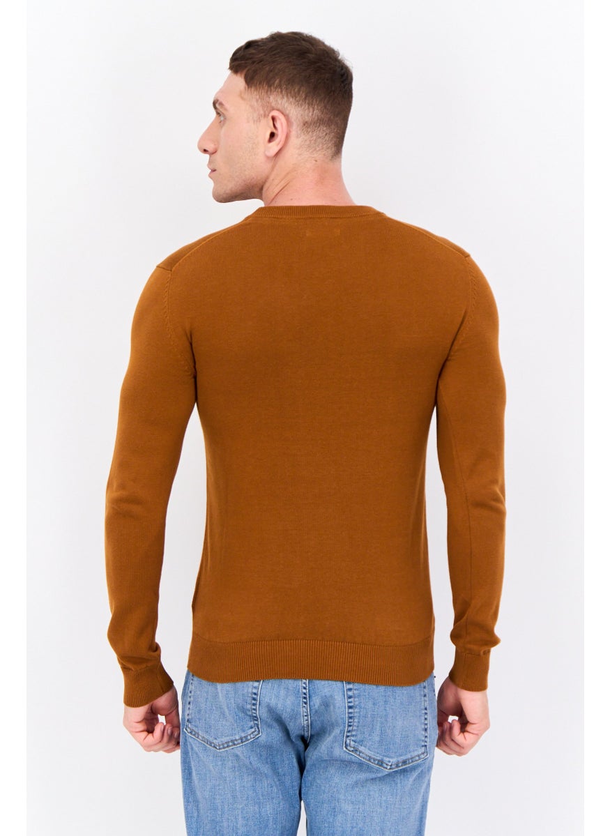 Men Crew Neck Long Sleeves Knitted Sweater, Brown