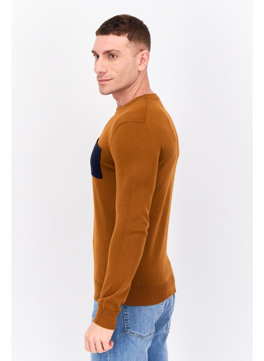 Men Crew Neck Long Sleeves Knitted Sweater, Brown