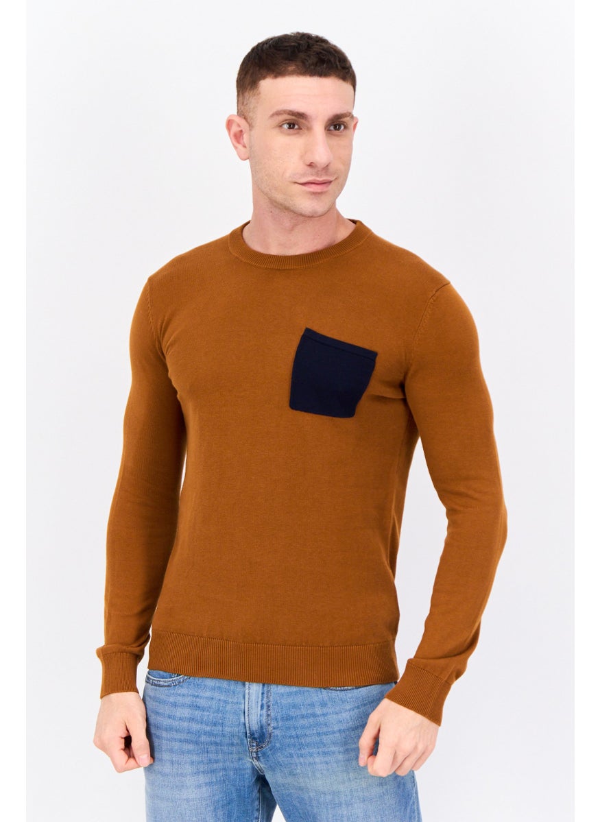 Men Crew Neck Long Sleeves Knitted Sweater, Brown