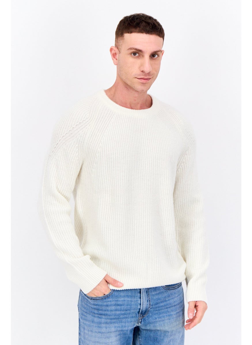 Men Crew Neck Long Sleeves Textured Sweater, Cream