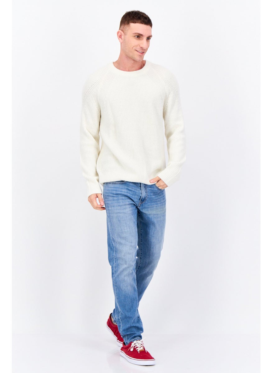 Men Crew Neck Long Sleeves Textured Sweater, Cream