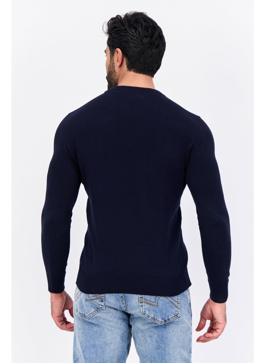 Men Crew Neck Solid Long Sleeve Sweater, Navy