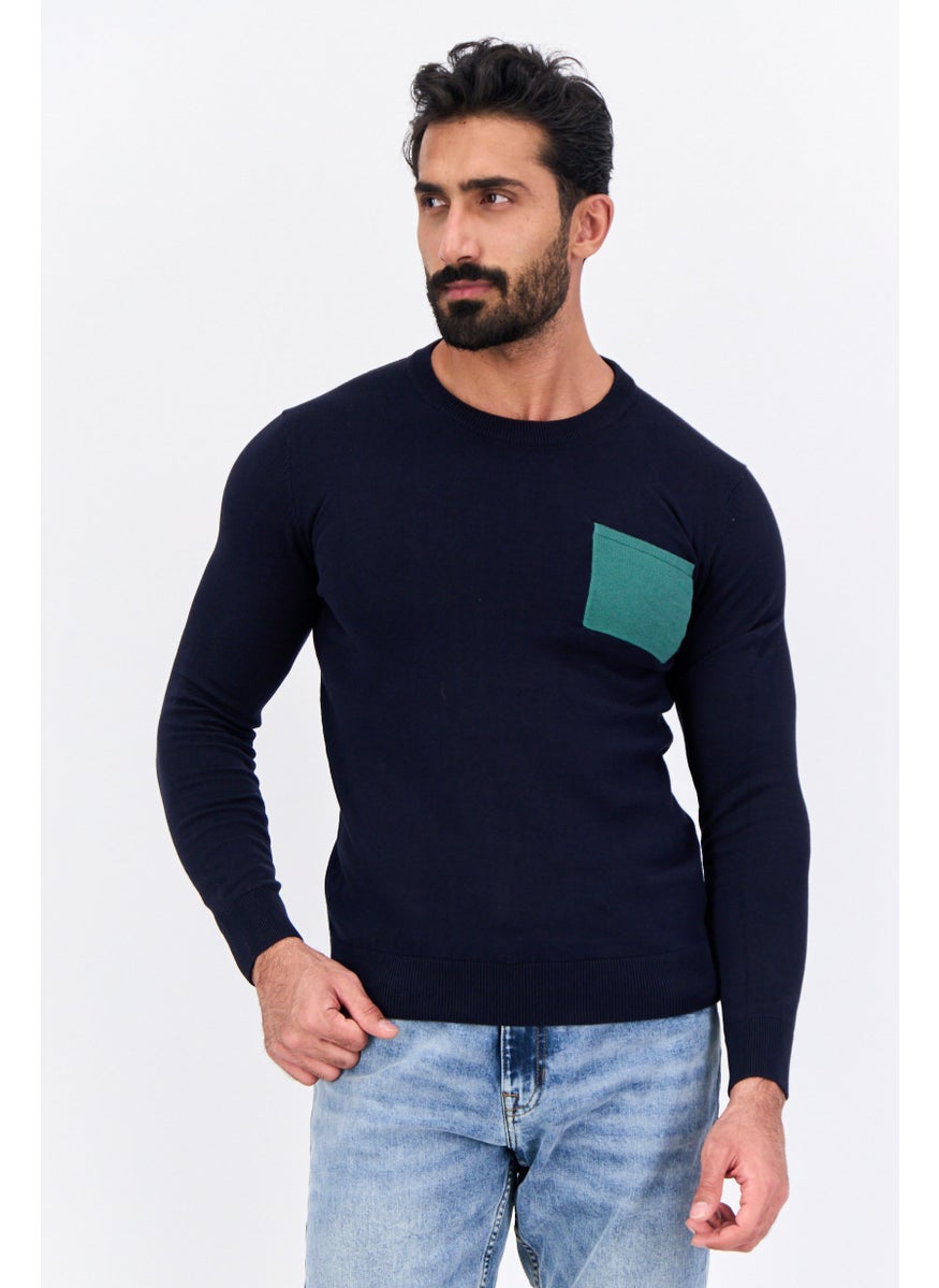 Men Crew Neck Solid Long Sleeve Sweater, Navy
