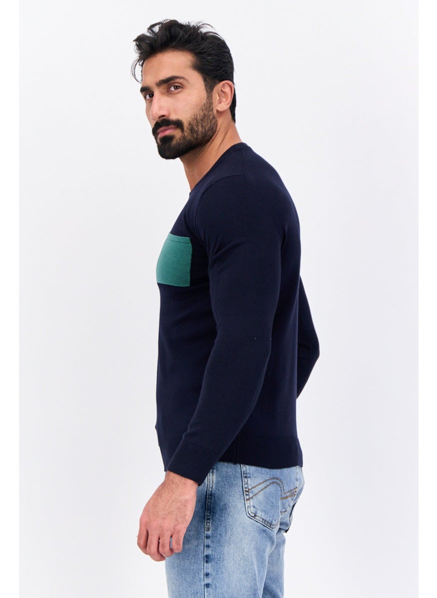 Men Crew Neck Solid Long Sleeve Sweater, Navy