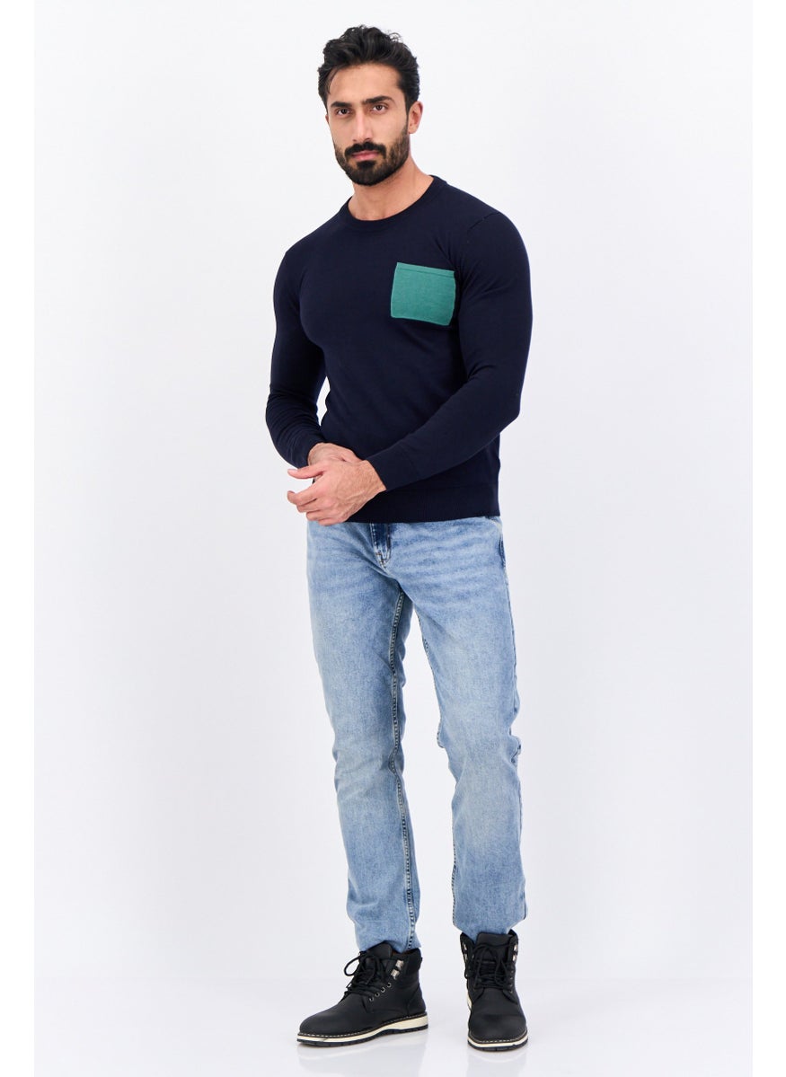 Men Crew Neck Solid Long Sleeve Sweater, Navy