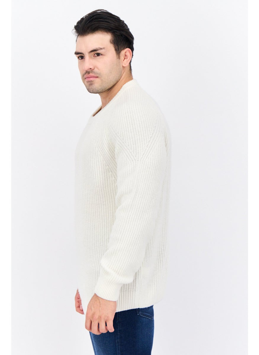 Men Crew Neck Crochet Sweater, White