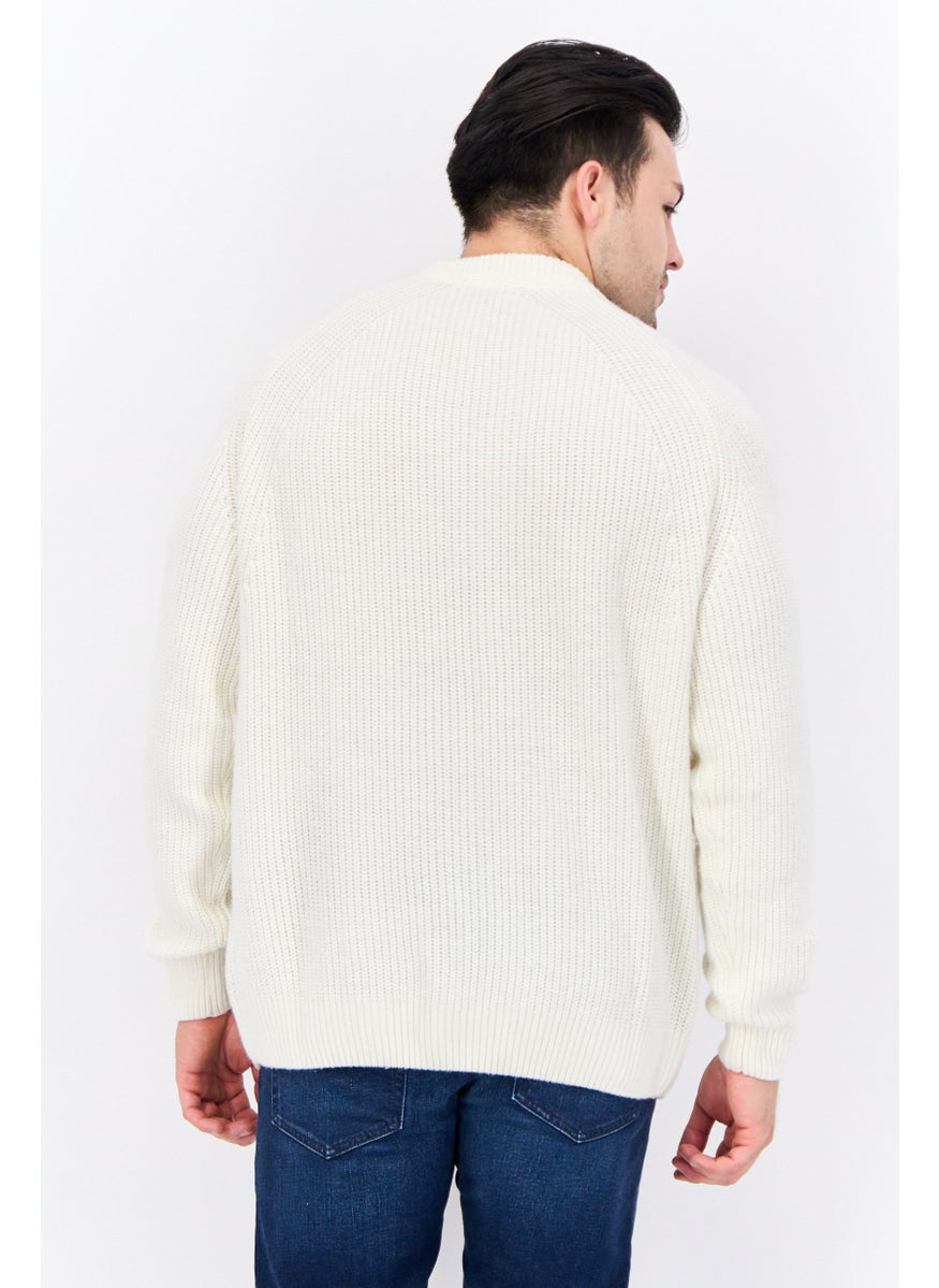 Men Crew Neck Crochet Sweater, White