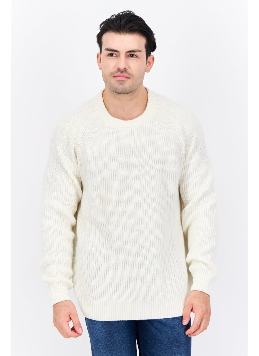 Men Crew Neck Crochet Sweater, White