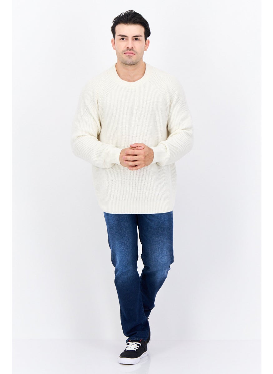 Men Crew Neck Crochet Sweater, White