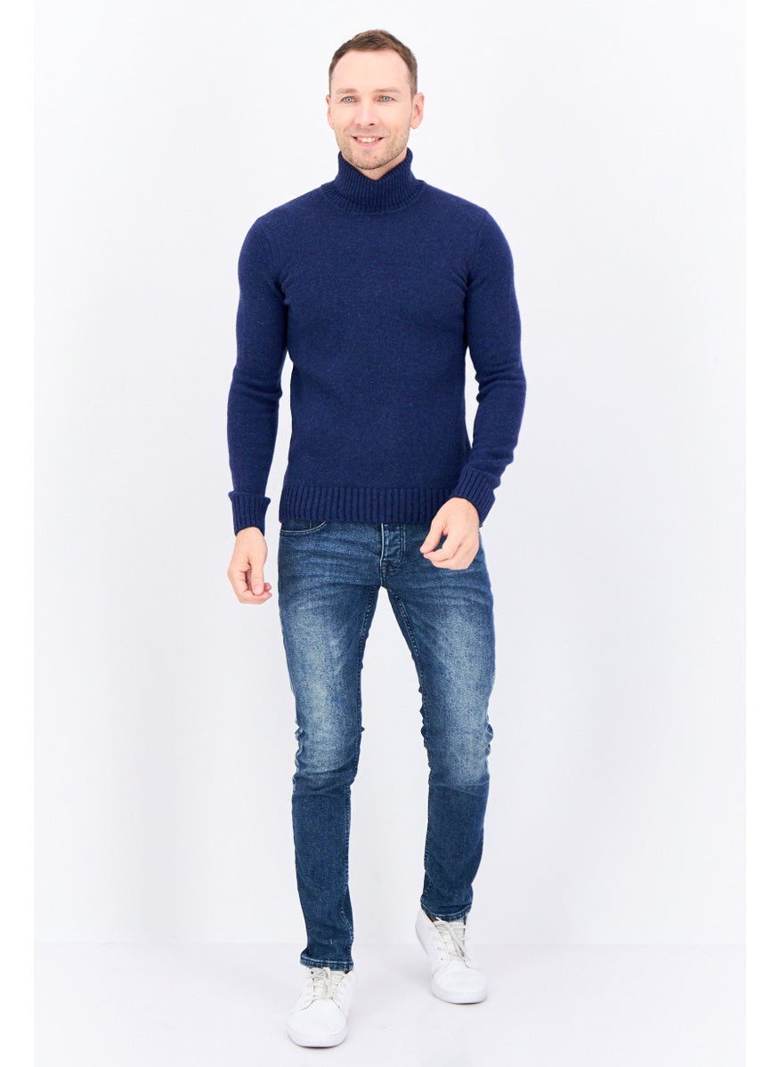 Men Turtle Neck Knitted Sweater, Navy